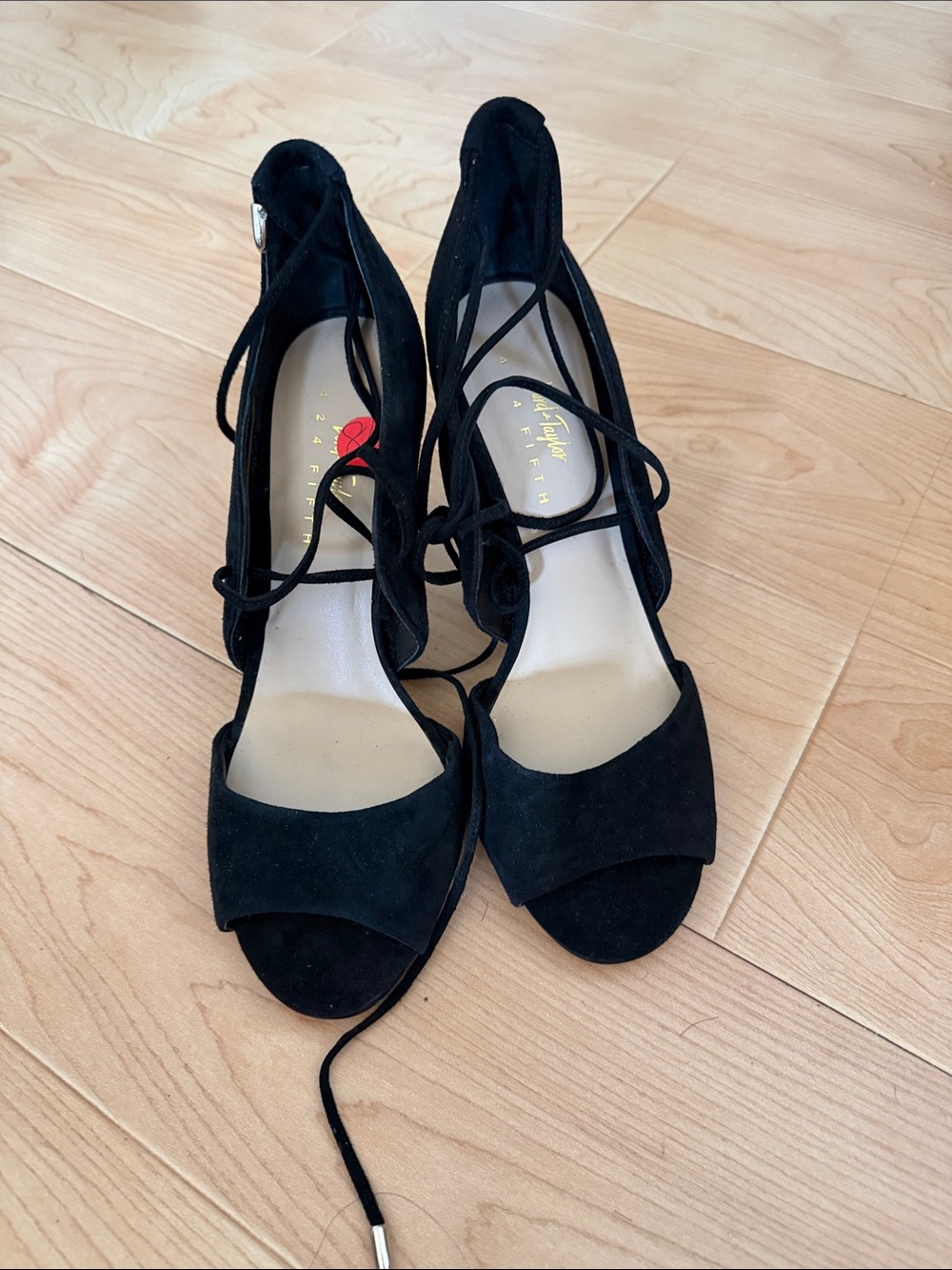 Lord & Taylor Black Suede Lace-Up Open-Toe Heels